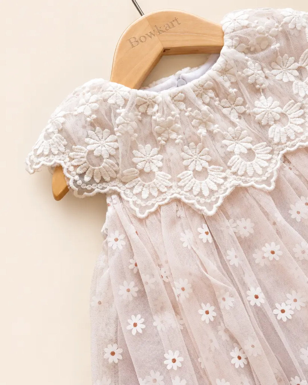 Floral daisy frock in mint green and blush pink with an embroidered lace collar