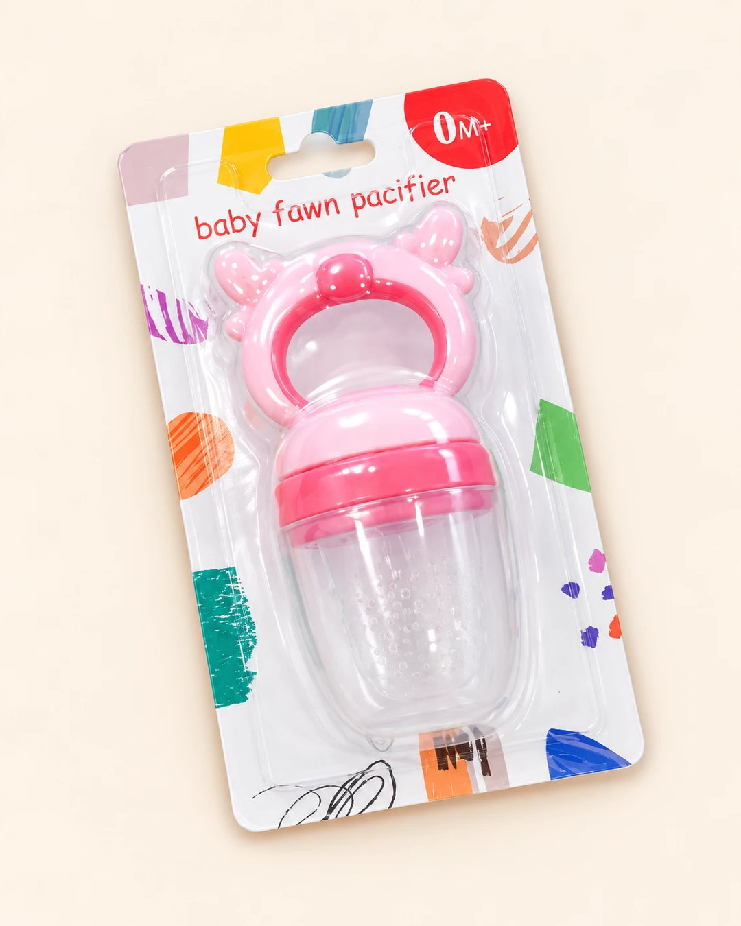 Pink baby fawn pacifier in retail packaging