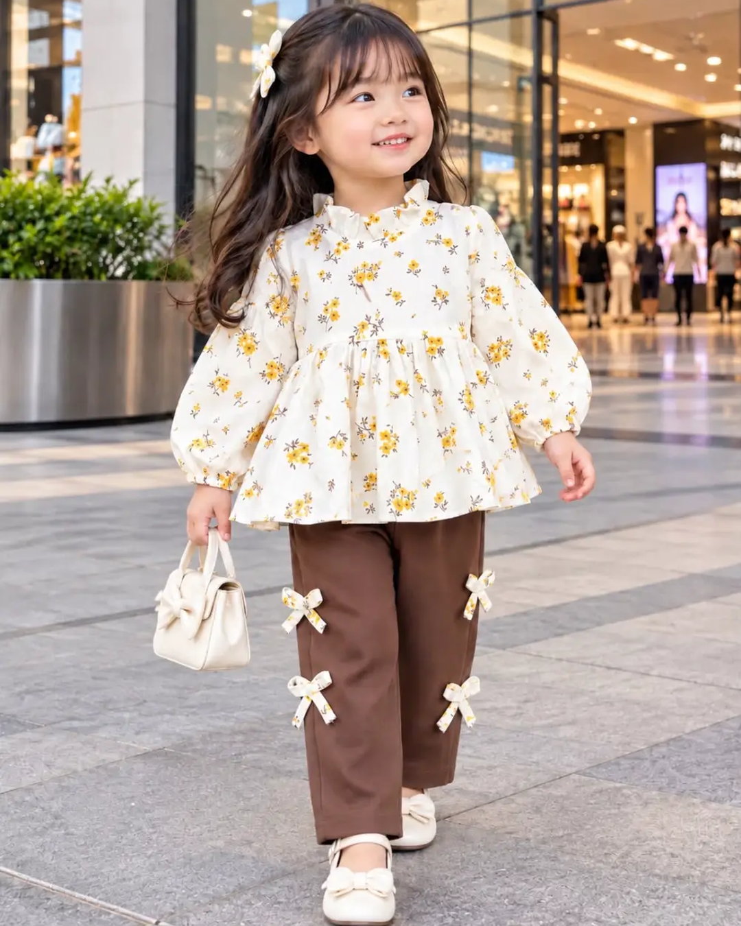 Child wearing a printed long-sleeve bow cord set with coordinating pants