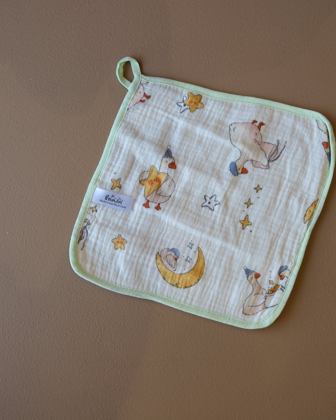 Muslin crepe baby washcloth with pastel animal and heart prints