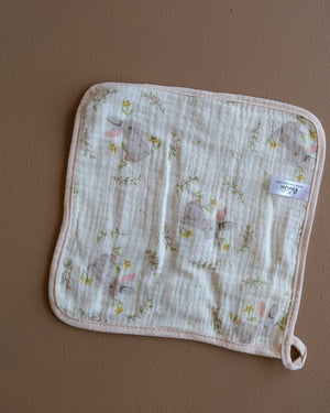 Muslin crepe baby washcloth with pastel animal and heart prints