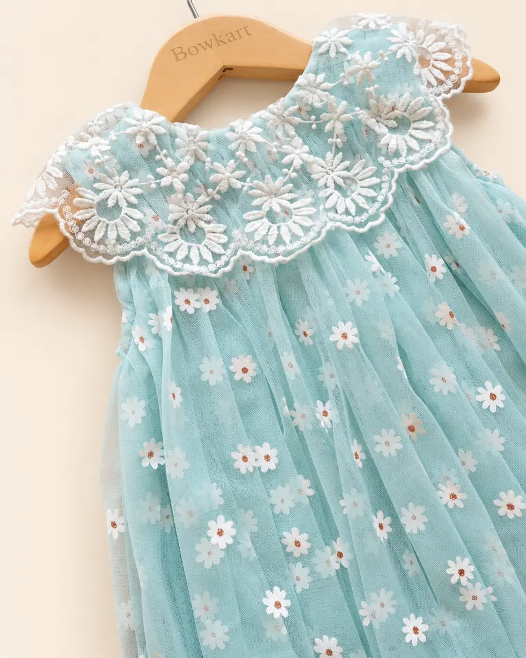 Floral daisy frock in mint green and blush pink with an embroidered lace collar