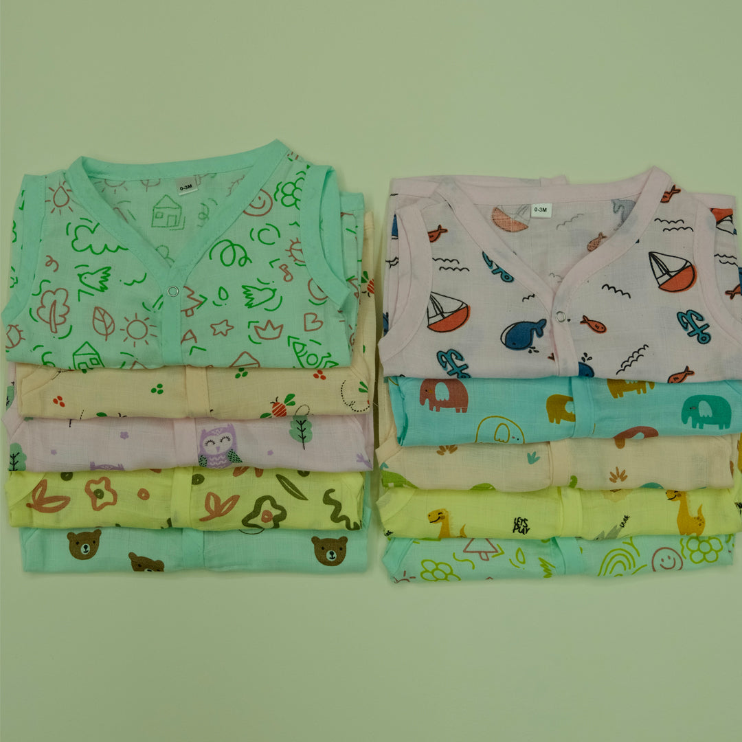 Muslin Sleeveless Color Jabla with Button Assorted 1 Pcs